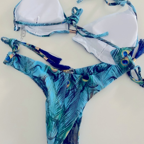 Turquoise Blue Peacock Thong Bikini Size L - Picture 6 of 6
